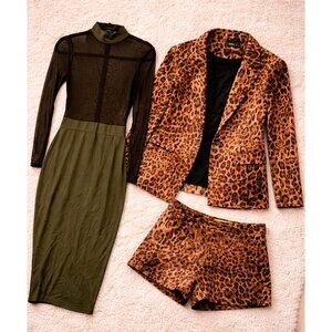 Leopard Blazer & Shorts Set + Sheer Mesh Olive Midi Dress Outfit Bundle Chic Y2K
